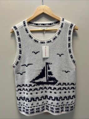 Lucky Brand Coastal Grandma White & Navy Sailboat Knit Sweater Vest